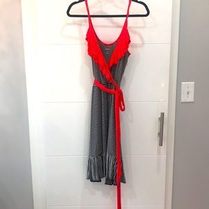 Casual black and white with red detail wrap dress